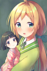 Rule 34 | 2girls, :o, ahoge, aqua bow, black hair, blunt bangs, blush, bob cut, bow, breasts, closed mouth, commentary request, doll, green background, green eyes, green kimono, hair bow, highres, holding, holding doll, japanese clothes, kimono, long hair, long sleeves, looking at viewer, low ponytail, matsuko (urara meirochou), mole, mole under eye, multicolored clothes, multicolored kimono, multiple girls, natsume nono, obi, open mouth, orange hair, partial commentary, pink kimono, rafkan tail, sash, short bangs, short eyebrows, short hair, sidelocks, simple background, sleeves past wrists, small breasts, smile, striped clothes, striped kimono, thick eyebrows, two-tone kimono, upper body, urara meirochou, vertical-striped clothes, vertical-striped kimono, wide sleeves, yellow kimono
