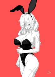 Rule 34 | 1girl, absurdres, animal ears, bare shoulders, black leotard, blush, breasts, cleavage, clenched hand, dated, fake animal ears, hair over one eye, highres, large breasts, leotard, looking at viewer, megalobilly, original, playboy bunny, red background, red eyes, scar, scar on arm, scar on face, scar on leg, solo, standing