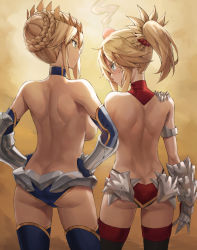 Rule 34 | 2girls, ahoge, armor, artoria pendragon (fate), artoria pendragon (lancer) (fate), ass, back, blonde hair, blush, braid, braided bun, breasts, butt crack, closed mouth, commentary request, crown, dimples of venus, elbow gloves, fate/apocrypha, fate/grand order, fate (series), faulds, french braid, gauntlets, gloves, green eyes, hair bun, hair ornament, hair scrunchie, hands on own hips, head bump, highres, large breasts, long hair, looking at another, mature female, mordred (fate), mordred (fate/apocrypha), mother and daughter, multiple girls, panties, ponytail, pout, red scrunchie, scrunchie, shoulder blades, sideboob, sidelocks, single hair bun, small breasts, thighhighs, thighs, tonee, topless, underwear