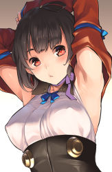 Rule 34 | 10s, 1girl, aaru (tenrake chaya), armpits, bare shoulders, blue bow, blue bowtie, blunt bangs, bow, bowtie, breasts, brown hair, choker, close-up, corset, covered erect nipples, detached sleeves, eyebrows, highres, japanese clothes, kimono, koutetsujou no kabaneri, long sleeves, looking at viewer, md5 mismatch, medium breasts, mumei (kabaneri), purple bow, red eyes, resized, resolution mismatch, ribbon choker, short hair, sleeveless, sleeveless kimono, solo, source larger, topknot, underbust