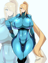 Rule 34 | 1girl, 46ayamahi, absurdres, arm at side, artist name, blonde hair, blue bodysuit, blue eyes, bodysuit, breasts, breasts apart, cleavage, collarbone, covered erect nipples, covered navel, female focus, gluteal fold, hair over one eye, hand on own hip, highres, huge breasts, long hair, metroid, nintendo, ponytail, puffy areolae, samus aran, solo, standing, taut clothes, thigh gap, very long hair, wide hips, zero suit