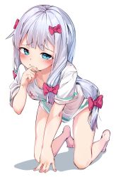 Rule 34 | 1girl, all fours, barefoot, blue eyes, blush, bow, eromanga sensei, feet, hair bow, hand to own mouth, highres, izumi sagiri, long hair, low-tied long hair, no pants, re:ankh (mrsz4523), ribbon, shirt, short sleeves, silver hair, simple background, solo, thighs, toes, white background, white shirt