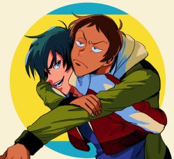 Rule 34 | 2boys, arms around neck, black hair, blue eyes, circle, cropped jacket, dark-skinned male, dark skin, hood, hoodie, hyakujuu-ou golion, jacket, keith (voltron), lance (voltron), looking at another, male focus, multiple boys, short hair, smile, souma (soumadian), voltron: legendary defender, voltron (series)