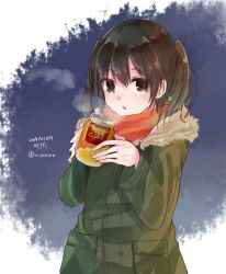 Rule 34 | 1girl, alternate costume, black hair, blue background, breath, brown eyes, can, character name, coat, cowboy shot, dated, fur-trimmed coat, fur trim, green coat, kantai collection, looking at viewer, sendai (kancolle), short hair, solo, steam, twitter username, two-tone background, two side up, u yuz xx, white background