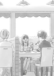 Rule 34 | 2boys, 2girls, :o, :t, absurdres, ai x suugaku x tanka, awning, backlighting, blunt bangs, bush, cafe, cake, cake slice, chair, character request, cup, dessert, drink, eating, eye contact, food, from behind, fruit, glasses, greyscale, hand up, highres, holding, holding spoon, indoors, itunohika, long hair, looking at another, mary janes, monochrome, mug, multiple boys, multiple girls, open mouth, pants, parfait, profile, round teeth, saucer, shadow, shoes, short sleeves, sitting, skirt, spoon, strawberry, table, tareme, teacup, teeth, v-shaped eyebrows, watch, wristwatch