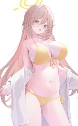 Rule 34 | 1girl, :d, bikini, bikini under clothes, blue archive, blush, breasts, cleavage, collarbone, cowboy shot, front-tie bikini top, front-tie top, green eyes, halo, highres, large breasts, light brown hair, long hair, looking at viewer, mizu (lzzrwi603), navel, nonomi (blue archive), nonomi (swimsuit) (blue archive), official alternate costume, open mouth, side-tie bikini bottom, simple background, smile, solo, swept bangs, swimsuit, white background, yellow bikini
