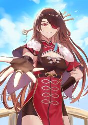 Rule 34 | 1girl, beidou (genshin impact), black gloves, blue sky, breasts, brown hair, cleavage, cloud, commentary request, cowboy shot, day, dress, fingerless gloves, genshin impact, gloves, grin, haluuu a, highres, long hair, looking at viewer, pelvic curtain, red dress, red eyes, sky, smile, solo, standing, very long hair