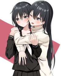 Rule 34 | 2girls, :/, ;d, black eyes, black hair, black sailor collar, black serafuku, black shirt, blush, closed mouth, commentary request, hair between eyes, hair ribbon, hand on another&#039;s stomach, highres, hug, incest, long hair, long sleeves, looking at another, looking away, looking down, multiple girls, neckerchief, one eye closed, open mouth, original, piripun, ribbon, sailor collar, school uniform, serafuku, shirt, siblings, sisters, smile, straight hair, sweater, turtleneck, turtleneck sweater, two-tone background, upper body, very long hair, white neckerchief, white sweater, yuri