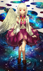Rule 34 | 1girl, absurdres, boots, brown footwear, dress, feathered wings, full body, half updo, highres, jacket, kishin sagume, long sleeves, looking at viewer, open clothes, open jacket, partially submerged, purple dress, red eyes, ripples, short hair, silver hair, single wing, solo, touhou, wading, white wings, wings, ze xia