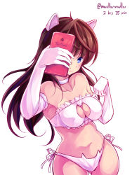 Rule 34 | 10s, 1girl, :3, ahoge, animal ears, bare shoulders, blue eyes, bra, brand name imitation, breasts, brown hair, cat cutout, cat ear panties, cat ears, cat lingerie, cellphone, choker, cleavage, cleavage cutout, clothing cutout, collarbone, commentary, covered erect nipples, cowboy shot, elbow gloves, gloves, holding, holding phone, ichinose shiki, idolmaster, idolmaster cinderella girls, lingerie, long hair, maullarmaullar, medium breasts, meme attire, navel, one eye covered, panties, paw pose, phone, selfie, side-tie panties, simple background, smartphone, solo, strapless, strapless bra, tareme, twitter username, underwear, underwear only, white background, white bra, white gloves, white panties