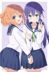 Rule 34 | 2girls, :d, absurdres, blue eyes, blue sailor collar, blue skirt, blush, brown hair, closed mouth, commentary request, cowboy shot, green ribbon, hair ornament, hand up, highres, holding hands, interlocked fingers, koisuru asteroid, konohata mira, locked arms, long hair, long sleeves, low twintails, manaka ao, mj nameraka, multiple girls, neck ribbon, one side up, open mouth, pleated skirt, purple background, purple eyes, purple hair, ribbon, sailor collar, school uniform, serafuku, shirt, skirt, smile, star (symbol), star hair ornament, twintails, two-tone background, v, very long hair, white background, white shirt
