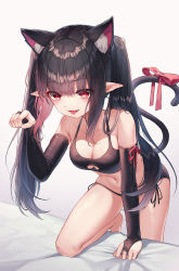 Rule 34 | 1girl, :d, animal ear fluff, animal ears, bare legs, black bra, black gloves, black hair, black panties, blush, bow, bra, breasts, bridal gauntlets, cat ears, cat tail, character request, cleavage, cleavage cutout, clothing cutout, collarbone, commentary, commission, copyright request, elbow gloves, fang, gloves, grey background, highres, long hair, looking at viewer, medium breasts, myung yi, navel, open mouth, panties, paw pose, pink bow, pointy ears, red eyes, simple background, smile, solo, stomach, tail, tail bow, tail ornament, thighs, tongue, tongue out, twintails, underwear, very long hair