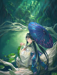 Rule 34 | 1girl, bad id, bad pixiv id, blue eyes, blue sash, blue umbrella, closed mouth, frog, from behind, highres, holding, holding umbrella, japanese clothes, kimono, long hair, long sleeves, looking at viewer, looking back, obi, oil-paper umbrella, original, river, sash, shichigatsu, solo, twintails, umbrella, very long hair, water, white kimono, wide sleeves, yayoi (shichigatsu)