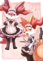 Rule 34 | 2girls, :3, animal ear fluff, animal ears, animal feet, animal hands, animal nose, apron, artist name, back bow, barefoot, black dress, blush, body fur, border, bow, braixen, closed mouth, clothed pokemon, collared dress, cowboy shot, creatures (company), crescent, cup, dessert, dress, drinking glass, fang, female focus, flat chest, food, foodification, fox ears, fox girl, fox tail, frilled apron, frilled dress, frills, from behind, furry, furry female, game freak, gen 2 pokemon, gen 6 pokemon, hand up, happy, highres, holding, holding food, holding tray, ikei, light blush, looking at viewer, looking back, maid apron, maid headdress, multicolored fur, multiple girls, neck ribbon, nintendo, open mouth, outside border, parfait, pokemon, pokemon (creature), puffy short sleeves, puffy sleeves, purple fur, red background, red ribbon, ribbon, short dress, short sleeves, signature, simple background, skin fang, smile, snout, standing, stick, straight-on, tail, teddiursa, tray, white apron, white border, white bow, white fur, yellow fur