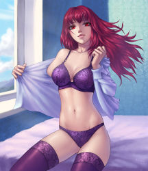 Rule 34 | 1girl, anolea, bare shoulders, bed, bra, breasts, closed mouth, dress shirt, fate/grand order, fate (series), female focus, floating hair, highres, large breasts, lingerie, lips, long hair, looking at viewer, midriff, navel, on bed, open clothes, open shirt, panties, purple bra, purple panties, purple thighhighs, red eyes, red hair, scathach (fate), shirt, sitting, smile, solo, thighhighs, type-moon, underwear, undressing