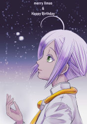 Rule 34 | 1girl, ahoge, aria (manga), athena glory, blue background, capelet, closed mouth, dark-skinned female, dark skin, eyelashes, from side, gradient background, green eyes, grey background, hand up, happy birthday, highres, looking to the side, merry christmas, necktie, orange planet uniform, parted bangs, portrait, purple hair, short hair, sidelocks, snowing, solo, telaform, white capelet, yellow necktie