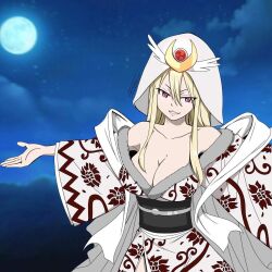 Rule 34 | 1girl, bare shoulders, blonde hair, breasts, cleavage, collarbone, fairy tail, japanese clothes, large breasts, long hair, red eyes, selene (fairy tail), smile