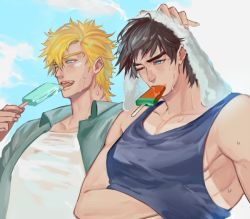 Rule 34 | 2boys, az (kroneko007), battle tendency, blonde hair, blue eyes, brown hair, caesar anthonio zeppeli, facial mark, food, food in mouth, hand under clothes, hand under shirt, jojo no kimyou na bouken, joseph joestar, joseph joestar (young), male focus, mouth hold, multiple boys, popsicle, popsicle in mouth, shirt, summer, sweat, nervous sweating, towel, towel on head, wet, wet hair, wince