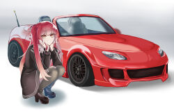 Rule 34 | 1girl, black dress, black footwear, black thighhighs, car, convertible, dress, eunos roadster, frilled thighhighs, frills, gradient hair, hands on own cheeks, hands on own face, high heels, highres, long hair, looking at viewer, mazda mx-5, mazda mx-5 nc, motor vehicle, mugi (marineblue134), multicolored hair, original, parted lips, personification, red eyes, red hair, smile, solo, squatting, thighhighs, two side up, vehicle and personification, vehicle focus, very long hair, white hair