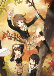 Rule 34 | 3girls, :o, ;o, annyeong we are peanuts, arm up, arms up, autumn, autumn leaves, bad id, bad pixiv id, black hair, black socks, braid, brown eyes, brown hair, climbing, from above, ginkgo tree, holding, kneehighs, leaf, legs, loafers, long hair, looking at another, looking down, looking up, maple leaf, multiple girls, official art, one eye closed, outdoors, pantyhose, paper airplane, plaid, plaid skirt, scarf, school uniform, serafuku, shin ji-won, shoes, side braid, skirt, socks, son min-ji, standing, tiv, tree, twin braids, yu anna