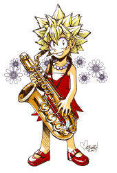 Rule 34 | 1girl, 2007, blonde hair, dress, full body, instrument, lisa simpson, mary janes, nina matsumoto, red dress, saxophone, shoes, simple background, solo, standing, tagme, the simpsons, white background