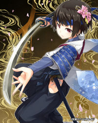 Rule 34 | 1girl, armor, black hair, brown eyes, fighting stance, flower, flower on head, from side, glint, hair flower, hair ornament, hakama, hakama skirt, headband, hip vent, holding, holding sword, holding weapon, japanese armor, japanese clothes, katana, looking at viewer, maeda risou, official art, outstretched arm, parted lips, petals, short hair, shoulder armor, skirt, sode, solo, souken no cross age, sword, weapon