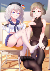 Rule 34 | 10s, 2girls, absurdres, aqua eyes, blonde hair, chinese clothes, classroom, desk, elbow gloves, feet, foot focus, gloves, green eyes, hat, highres, kantai collection, kashima (kancolle), katori (kancolle), looking at viewer, multiple girls, no shoes, panties, pantyhose, pantyshot, pov, school, silver hair, sitting, smile, soles, toes, twintails, underwear, whip, white gloves, white legwear, wink