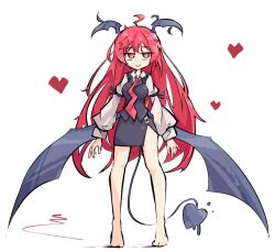 Rule 34 | 1girl, barefoot, bat wings, formal, heart, koakuma, long hair, looking at viewer, messy hair, necktie, primsla, simple background, smile, solo, solo focus, suit, touhou, white background, wings