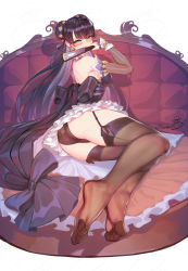 Rule 34 | 1girl, ass, bad id, bad pixiv id, bare shoulders, bellona (epic seven), black panties, bow, breasts, brown thighhighs, bun cover, commission, covered mouth, detached collar, detached sleeves, double bun, dress, epic seven, feet, folding fan, garter straps, green eyes, hair bun, half-closed eyes, hand fan, holding, holding fan, long hair, long sleeves, looking at viewer, panties, purple dress, purple hair, sidelocks, signature, soles, solo, suerte, thighhighs, thighs, toes, underwear