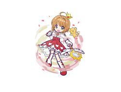 Rule 34 | 1girl, ahoge, bloomers, blush, boots, brooch, brown hair, capelet, cardcaptor sakura, crown, dress, frilled dress, frills, gloves, green eyes, hair intakes, heart, heart brooch, holding, holding staff, jewelry, kero (cardcaptor sakura), kinomoto sakura, layered dress, looking at viewer, mini crown, multicolored clothes, multicolored footwear, official alternate costume, official art, open mouth, petals, puyopuyo, puyopuyo quest, red dress, red footwear, see-through capelet, short hair, sleeveless, sleeveless dress, smile, staff, underwear, white bloomers, white capelet, white footwear, white gloves, wings, yume no tsue