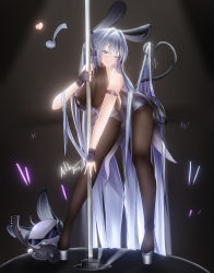 Rule 34 | 1girl, absurdly long hair, absurdres, adobe1998, anchor ornament, animal ears, arm strap, azur lane, bent over, black background, bodystocking, breasts, cleavage, electric guitar, fake animal ears, fake tail, fingerless gloves, gloves, guitar, hanging breasts, heart, heart tail, highres, instrument, large breasts, leotard, long hair, looking at viewer, new jersey (azur lane), new jersey (exhilarating steps!) (azur lane), official alternate costume, oversized breast cup, playboy bunny, pole, pole dancing, purple eyes, purple gloves, purple hair, purple leotard, rabbit ears, see-through, see-through cleavage, simple background, solo, stage lights, strapless, strapless leotard, stripper pole, tail, very long hair