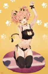 Rule 34 | 10s, 1girl, :3, :d, arm up, bell, black bra, black panties, black thighhighs, blush, bow, bra, breasts, cat cutout, cat ear panties, cat hair ornament, cat lingerie, cat tail, cleavage, cleavage cutout, clothing cutout, collar, collarbone, earrings, female focus, hair bow, hair ornament, highres, idolmaster, idolmaster cinderella girls, jewelry, jingle bell, jougasaki mika, large breasts, looking at viewer, meme attire, navel, neck bell, open mouth, panties, paw pose, paw print, pink hair, side-tie panties, simple background, smile, solo, tail, thighhighs, twintails, underwear, underwear only, yd (orange maru), yellow background, yellow eyes