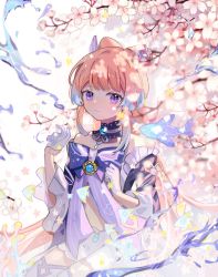 Rule 34 | 1girl, 2020721184, arm up, bare shoulders, blue eyes, blunt bangs, blush, bow, bowtie, branch, commentary, cropped legs, detached collar, dress bow, fish, flower, frilled sleeves, frills, genshin impact, gloves, hair ornament, highres, long hair, looking at viewer, navel, petals, pink hair, purple bow, purple eyes, ribbon, sangonomiya kokomi, shorts, sidelocks, smile, solo, symbol-only commentary, vision (genshin impact), white gloves