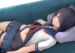 Rule 34 | 1girl, bad id, bad pixiv id, black hair, blush, breasts, closed eyes, couch, hair ornament, hair over one eye, kako (kancolle), kantai collection, long hair, lying, medium breasts, messy hair, midriff, miniskirt, ne an ito, neckerchief, on back, open mouth, parted bangs, pleated skirt, red neckerchief, school uniform, serafuku, skirt, sleeping, solo, underboob