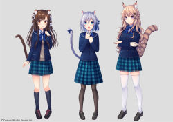 Rule 34 | 3girls, :d, :o, animal ear fluff, animal ears, azu torako, black footwear, black socks, blazer, blue bow, blue eyes, blue jacket, blue skirt, blush, bow, breasts, brown hair, brown legwear, brown sweater, cat ears, cat girl, cat tail, closed mouth, collared shirt, commentary request, dress shirt, grey background, hair ornament, hair ribbon, hairclip, jacket, kneehighs, loafers, long hair, long sleeves, looking at viewer, medium breasts, multiple girls, official art, open clothes, open jacket, open mouth, original, pantyhose, parted lips, plaid, plaid bow, plaid skirt, pleated skirt, purple eyes, red eyes, ribbon, school uniform, shirt, shoes, silver hair, simple background, skirt, sleeves past wrists, smile, socks, standing, striped tail, sweater, tail, tail bow, tail ornament, tail raised, thighhighs, two side up, very long hair, watermark, white legwear, white ribbon, white shirt, x hair ornament
