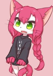 Rule 34 | 1girl, animal ears, cat busters, cat ears, cat tail, clothes writing, female focus, furry, furry female, green eyes, japanese text, long hair, neko hakase (cat busters), no humans, ohakotome, open mouth, solo, tail, translation request, twintails