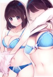 Rule 34 | 1girl, absurdres, bare shoulders, blue bra, blue panties, blush, bow, bow bra, bow panties, bra, breasts, brown background, brown eyes, brown hair, chikuwa., cleavage, closed mouth, collarbone, eyebrows hidden by hair, faceless, faceless female, highres, large breasts, long sleeves, multiple views, navel, non-web source, original, panties, ribbed sweater, scan, sweat, sweater, two-tone background, underwear, undressing, white background, white sweater