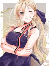 Rule 34 | absurdres, apron, blonde hair, blue bow, bow, crossed arms, dress, green eyes, grey dress, hair between eyes, hair bow, hair tie, highres, kantai collection, lips, long hair, looking back, mole, mole under eye, mole under mouth, official alternate costume, one eye closed, richelieu (kancolle), shiomugi (shio mugi1107), smile