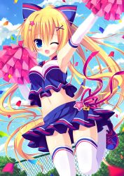 Rule 34 | 1girl, ;d, arm up, bad id, bad pixiv id, blonde hair, blue bow, blue eyes, blue skirt, blush, bow, breasts, chain-link fence, cheering, cheerleader, confetti, day, dutch angle, elbow gloves, fang, fence, gloves, hair between eyes, hair bow, hair ornament, hand up, hasune (hasuneya), highres, holding, jumping, long hair, looking at viewer, medium breasts, midriff, moe2017, navel, one eye closed, open mouth, original, outdoors, pleated skirt, pom pom (cheerleading), ponytail, shoes, skirt, smile, sneakers, solo, sparkle, star (symbol), star hair ornament, thighhighs, very long hair, white gloves, white thighhighs, x hair ornament