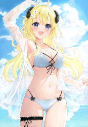 Rule 34 | 1girl, absurdres, ahoge, arm up, armpits, bikini, blonde hair, blush, bow, bowtie, breasts, cleavage, cloud, cloudy sky, collarbone, curled horns, day, flower, fuumi (radial engine), gluteal fold, hair flower, hair ornament, highres, hololive, horns, long hair, long sleeves, looking at viewer, medium breasts, navel, open mouth, outdoors, purple eyes, scan, see-through, shiny skin, simple background, sky, smile, solo, stomach, swimsuit, thighs, tsunomaki watame, virtual youtuber, water, water drop, wet, wet clothes