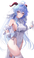 Rule 34 | 1girl, ahoge, bare shoulders, blue hair, blush, breasts, bridal veil, cross-laced clothes, detached sleeves, frills, ganyu (genshin impact), genshin impact, gloves, goat horns, highres, horns, large breasts, leotard, long hair, looking at viewer, purple eyes, rity, sideboob, sidelocks, solo, thighhighs, thighs, veil, white background
