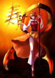 Rule 34 | 1girl, abstract background, absurdres, aisis, highres, lips, long sleeves, multicolored hair, pagoda, pants, patterned background, polearm, shawl, short hair, skirt, solo, spear, sunlight, toramaru shou, touhou, weapon, wind, wind lift, yellow eyes