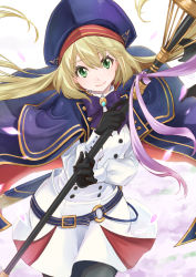 Rule 34 | 1girl, artoria caster (fate), artoria caster (second ascension) (fate), artoria pendragon (fate), belt, beret, black gloves, blonde hair, blue belt, blue raincoat, blush, bow, breasts, buttons, closed mouth, collar, collared shirt, fate/grand order, fate (series), floral background, flower, gem, gloves, gold, gold trim, green eyes, green gemstone, hair ornament, hat, holding, long hair, long sleeves, looking at viewer, narim, pantyhose, petals, pink flower, pink ribbon, purple bow, raincoat, ribbon, shirt, simple background, skirt, smile, solo, twintails, white shirt, white skirt
