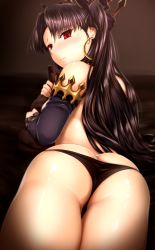 Rule 34 | .ronde, 1girl, armlet, ass, back, bad id, bad pixiv id, bare legs, bed, black background, black detached sleeves, black hair, black panties, black ribbon, blurry, blush, butt crack, closed mouth, crown, depth of field, detached sleeves, earrings, embarrassed, fate/grand order, fate (series), female focus, from behind, hair ribbon, highres, hoop earrings, ishtar (fate), jewelry, legs, lips, long hair, looking at viewer, looking back, lying, on stomach, panties, pillow, red eyes, ribbon, shiny skin, shy, simple background, solo, tohsaka rin, two side up, type-moon, underwear