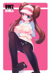 Rule 34 | 10s, 1girl, bad id, bad pixiv id, barefoot, blue eyes, blush, breasts, brown hair, clothes lift, clothes pull, creatures (company), cum, cum on body, cum on lower body, double bun, facial, feet, game freak, hair bun, highres, lactation, large breasts, long hair, navel, nintendo, nipples, pantyhose, pantyhose pull, pink background, pokemon, pokemon bw2, raglan sleeves, ririko (zhuoyandesailaer), rosa (pokemon), saliva, shirt lift, solo, toes, twintails, visor cap