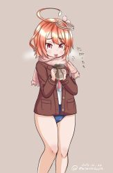 Rule 34 | 1girl, ahoge, blue one-piece swimsuit, brown background, brown coat, coat, commentary request, dated, feet out of frame, food, hair ornament, i-58 (kancolle), kantai collection, masara (chuujou), one-hour drawing challenge, one-piece swimsuit, orange eyes, orange hair, pink scarf, plaid, plaid scarf, scarf, school swimsuit, school uniform, serafuku, simple background, solo, standing, steam, sweet potato, swimsuit, swimsuit under clothes, tongue, tongue out, tumbler, twitter username