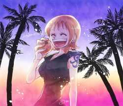 Rule 34 | 1girl, ^ ^, aco peda, arm tattoo, black dress, closed eyes, commentary request, dated, dress, earrings, food, fruit, holding, holding food, holding fruit, jewelry, mandarin orange, nami (one piece), one piece, open mouth, orange hair, palm tree, short hair, signature, solo, tattoo, tree, upper body