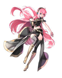 Rule 34 | 1girl, bad id, bad pixiv id, blue eyes, boots, breasts, cleavage, cross-laced footwear, knee boots, lace-up boots, long hair, megurine luka, milin (orange maru), navel, pink hair, skirt, smile, solo, thighhighs, very long hair, vocaloid, yellow footwear