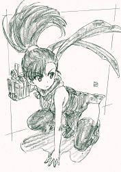 Rule 34 | 1girl, alternate hairstyle, arm support, artist name, asymmetrical bangs, bad id, bad twitter id, boots, breasts, christmas, erakin, fishnets, frown, full body, gift, girls und panzer, girls und panzer senshadou daisakusen!, graphite (medium), highres, holding, holding gift, japanese clothes, kimono, leaning forward, long hair, looking to the side, medium breasts, monochrome, ninja, nishi kinuyo, official alternate costume, open mouth, ponytail, scarf, shadow, side slit, signature, sleeveless, sleeveless kimono, solo, squatting, straight hair, thighhighs, traditional media