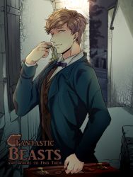 Rule 34 | 1boy, bad id, bad pixiv id, blue eyes, bow, bowtie, bowtruckle, briefcase, brown hair, copyright name, fantastic beasts and where to find them, freckles, harry potter (series), highres, leaf, male focus, newt scamander, solo, tori 23, upper body, wizarding world